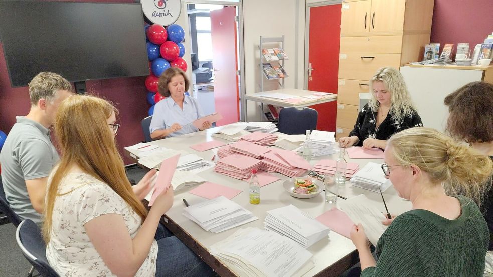 An vielen Tischen bereiteten die Briefwahlvorstände am Sonntagnachmittag die Auszählung ab 18 Uhr vor. Sie öffneten die rosafarbenen Umschläge und prüften als Erstes die Vollständigkeit der Wahlerklärung zur Briefwahl. Foto: Karin Böhmer