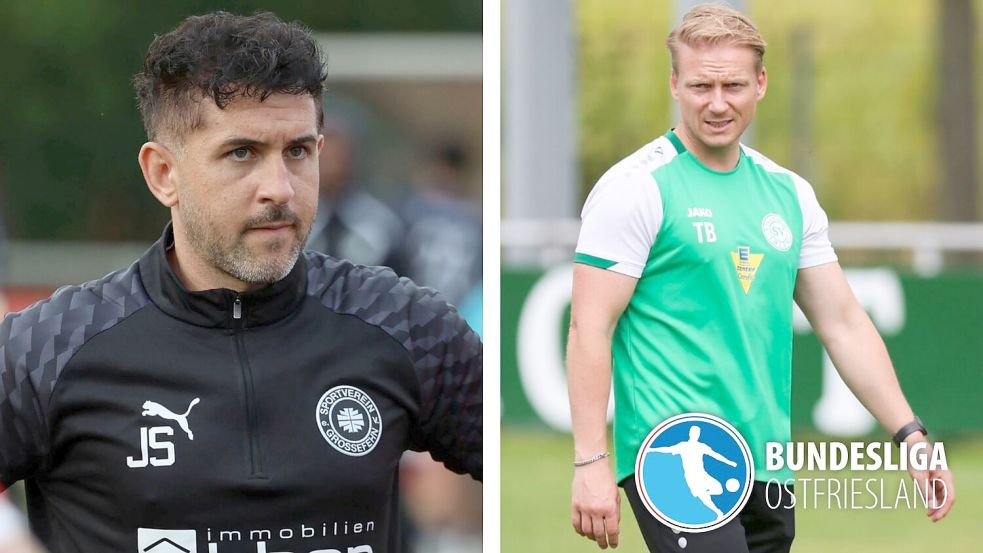 Großefehn-Trainer Jannik Swieter (links) trifft am Samstag auf Ex-Klub Eintracht Ihlow (rechts Trainer Thilko Boekhoff). Fotos: Wilfried Gronewold, Jens Doden/Emden