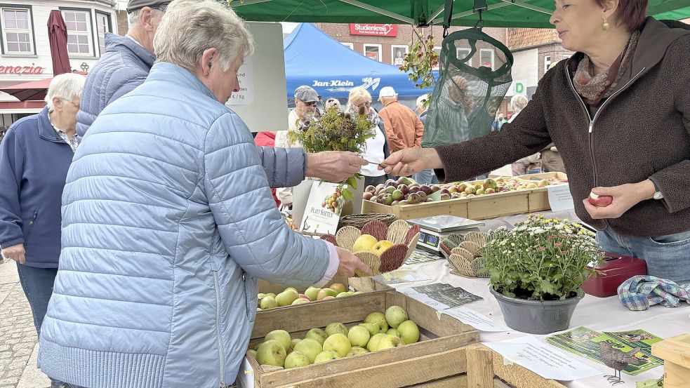 Frisch gepflückte Äpfel von ostfriesischen Streuobstwiesen gab es am Stand von Gunda und Matthias Bergmann. Foto: Mieke Matthes