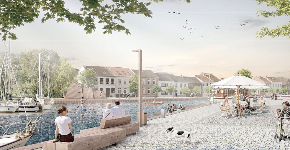 Mit der geplanten Verkehrsführung soll mehr Platz für Fußgänger, Radfahrer und Gäste am Hafen geschaffen werden. Visualisierung: NSP Landschaftsarchitekten