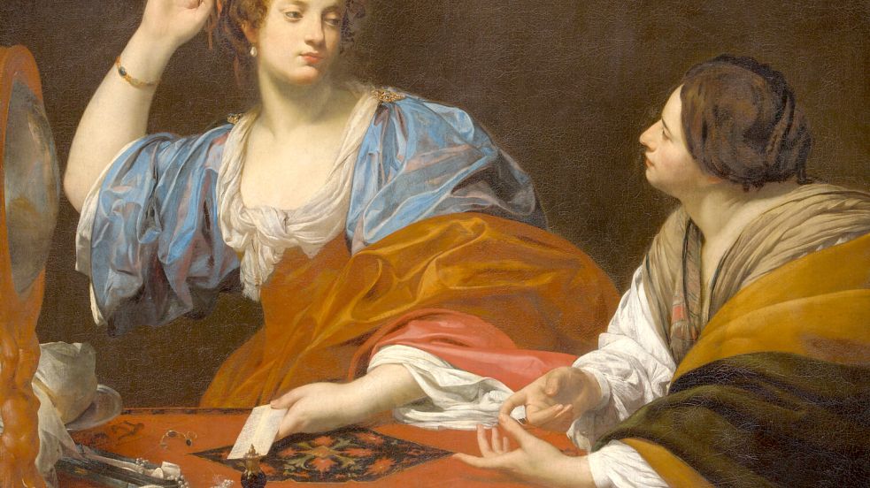 Martha von Bethanien ermahnt hier Maria Magdalena wegen ihrer vieler Sünden. Wohl mit Erfolg: Maria wendet sich vom Spiegel als Zeichen der Eitelkeit ab und legt den Schmuck, also weltlichen Tand, ab. Foto: Simon Vouet: Martha tadelt ihre eitle Schwester Maria Magdalena, um 1621; Öl auf Leinwand, 110 x 140 cm, Kunsthistorisches Museum, Wien.