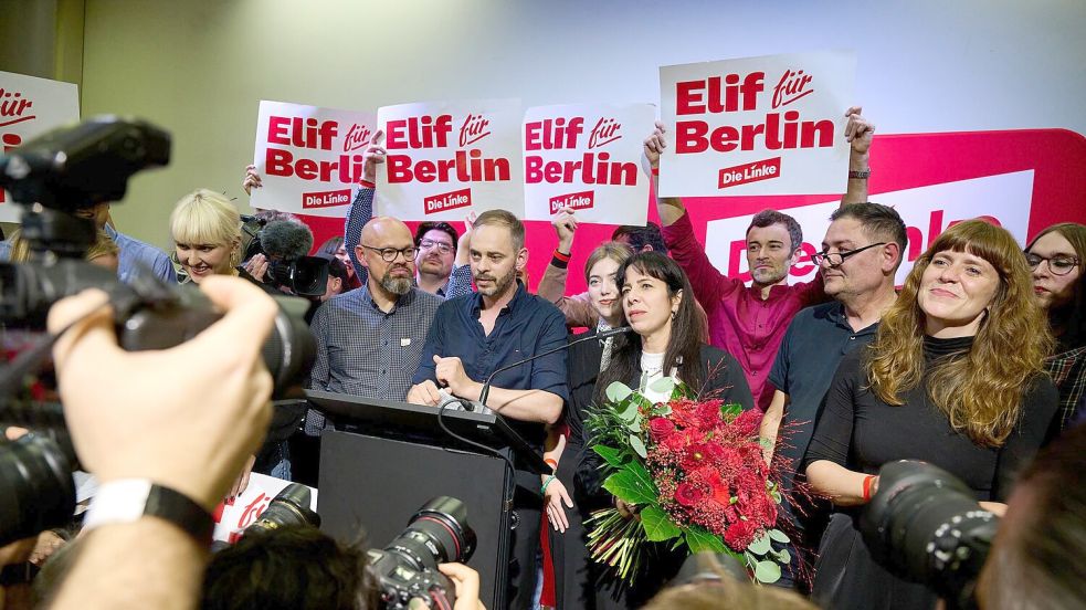 Die Berliner Linke will nach ihrem Wahlsieg eine rot-grün-rote Koalition schmieden.     Foto: Sebastian Gollnow/dpa