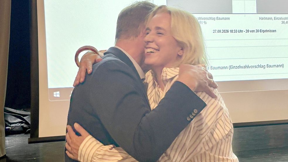 Der alte Bürgermeister und die neue Bürgermeisterin: Heinz Trauernicht nahm Katja Baumann zur Gratulation in den Arm. Foto: Lars Löschen