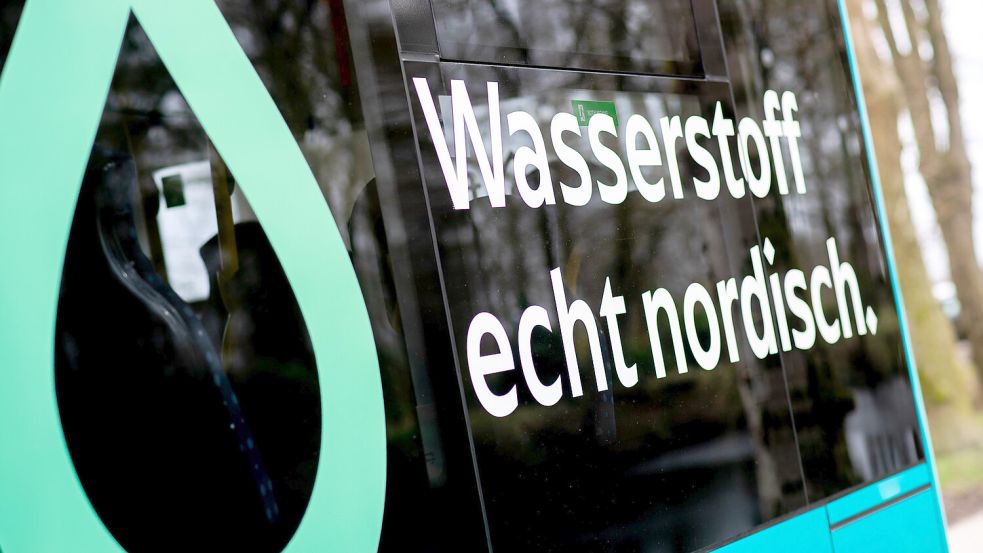 Die Aufschrift „Wasserstoff echt nordisch“ steht auf einem Wasserstoffbus, der im Kreis Nordfriesland eingesetzt wird. Foto: Hauke-Christian Dittrich/dpa