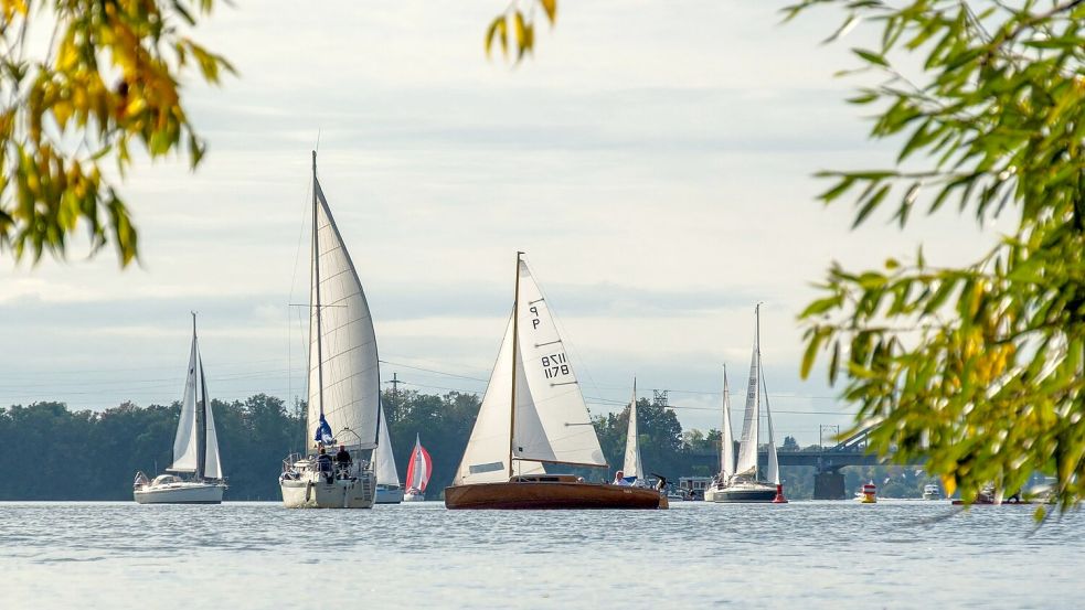 Segelboote sind bei herbstlichem Wetter auf dem Templiner See in Potsdam unterwegs. Foto: Georg-Friedrich Moritz/dpa