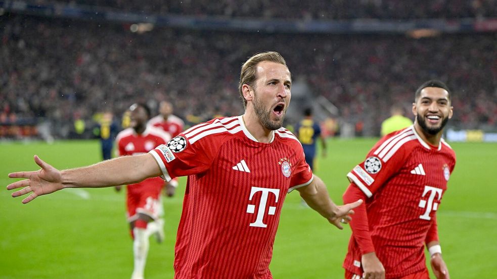 Harry Kane lässt den FC Bayern über das 2:1 jubeln - jubelt er am Montag über den Goldenen Ball? Foto: Sven Hoppe/dpa