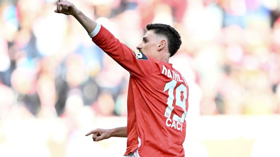 Traf vor der Pause zum Anschluss für Mainz: Anthony Caci. Foto: Florian Wiegand/dpa